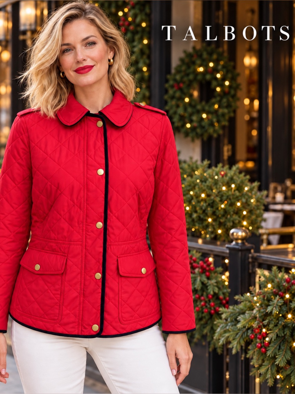 🌸Talbots Red Diamond Quilted Barn Jacket Gold Snaps size 8P Preppy Old Money